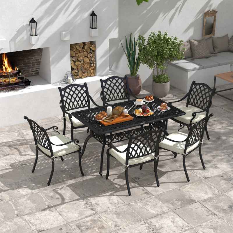 Outsunny 7 PCs Garden Patio Dining Set with Parasol Hole, Cast Aluminium Outdoor Furniture Set with Six Cushioned Chairs and Rectangle Dining Table, for Garden, Lawn, Deck, Black