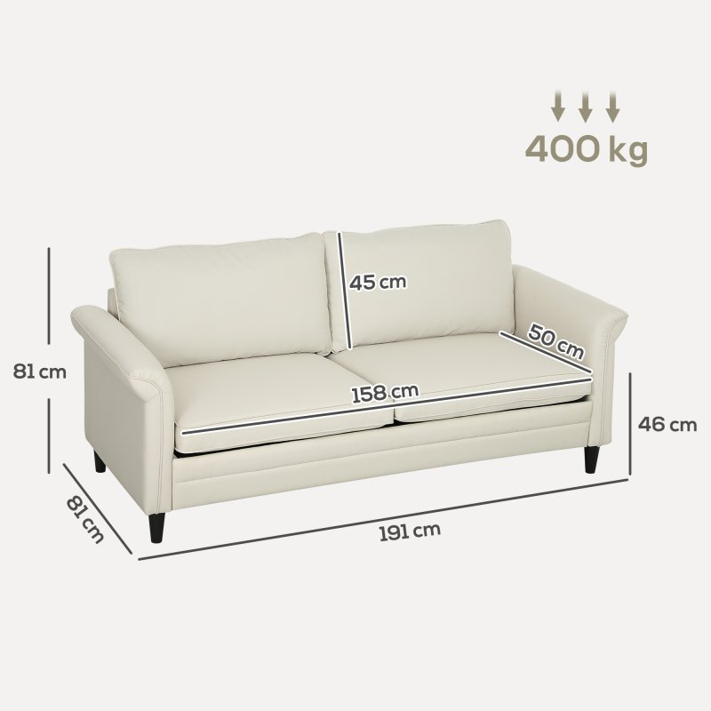 HOMCOM 3 Seater Sofa, Modern Fabric Sofa Couch with Spring Cushion, Rubber Wood Legs, 191cm Upholstered Settee for Living Room, Bedroom, Home Office, Guest Room, Cream White