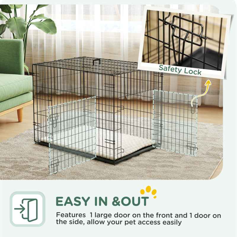 PawHut Dog Crate, Folding Metal Dog Cage with Two Doors, Tray, Soft Cushion, for Small Dogs, 76 x 53 x 60 cm, Black