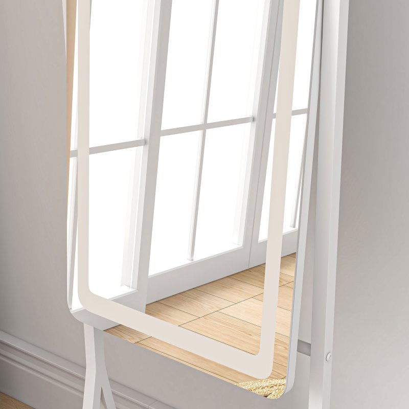HOMCOM Full Length Mirror with LED Lights, Dimmable Free Standing Full Body Mirror with 3 Temperature Colours, Adjustable Angle and Storage Shelf for Bedroom, Living Room, Hallway, White