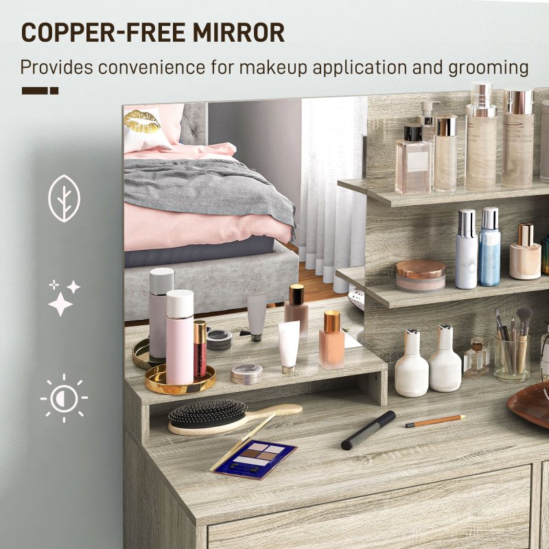 HOMCOM Dressing Table with Mirror and Stool, Vanity Table, Modern Makeup Desk with Drawer, Storage Cabinet and Adjustable Shelf for Bedroom, Natural Wood Finish