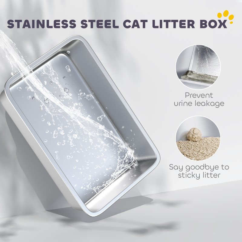 PawHut Stainless Steel Litter Tray with Plasma Deodoriser System, 65L Extra Large Enclosed Litter Box with Lid High, Sided Wall and Scoop for Larger Cats, Easy to Clean & Odour-Resistant, Grey