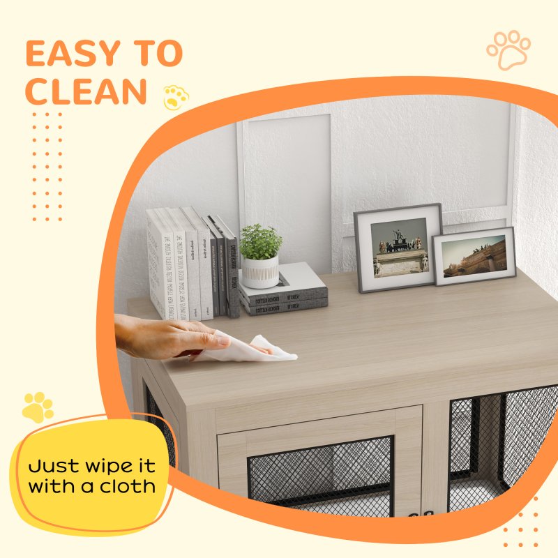 PawHut Dog Crate Furniture End Table w/ Soft Washable Cushion, Two Doors, Indoor Pet Kennel for Small Medium Large Dogs w/ Wire Mesh, Oak