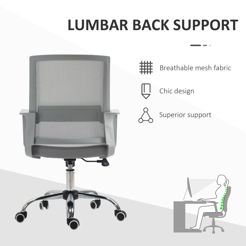 Vinsetto Office Chair, Ergonomic Desk Chair, Mesh Computer Chair with Back Support, Adjustable Height and Swivel Rolling Wheels, Grey