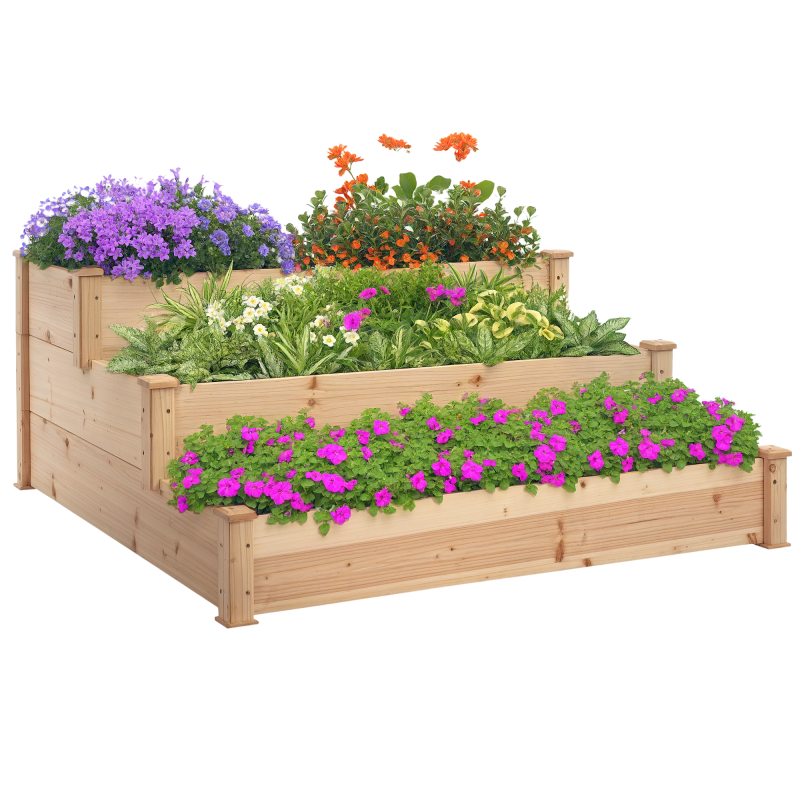 Outsunny 470L Raised Garden Bed, 3-Tier Planter Kit, Elevated Wooden Planters for Garden, Yard & Patio, 124 x 124 x 56 cm