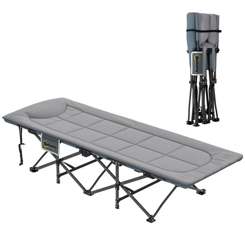 Outsunny Folding Camping Bed for Adults with Cushion, Heavy Duty Portable Travel Camping Cot with Headrest, Side Pocket and Non-Slip Foot Pads for Outdoor Beach Travel Office, Grey