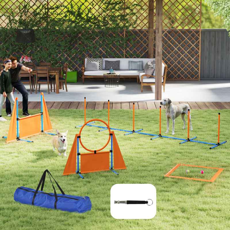 PawHut 6-Piece Dog Agility Equipment, Pet Agility Training Set with Weave Poles, Jump Ring, Hurdle, Pause Box, Obstacle Training Course Kit with Bag, Orange