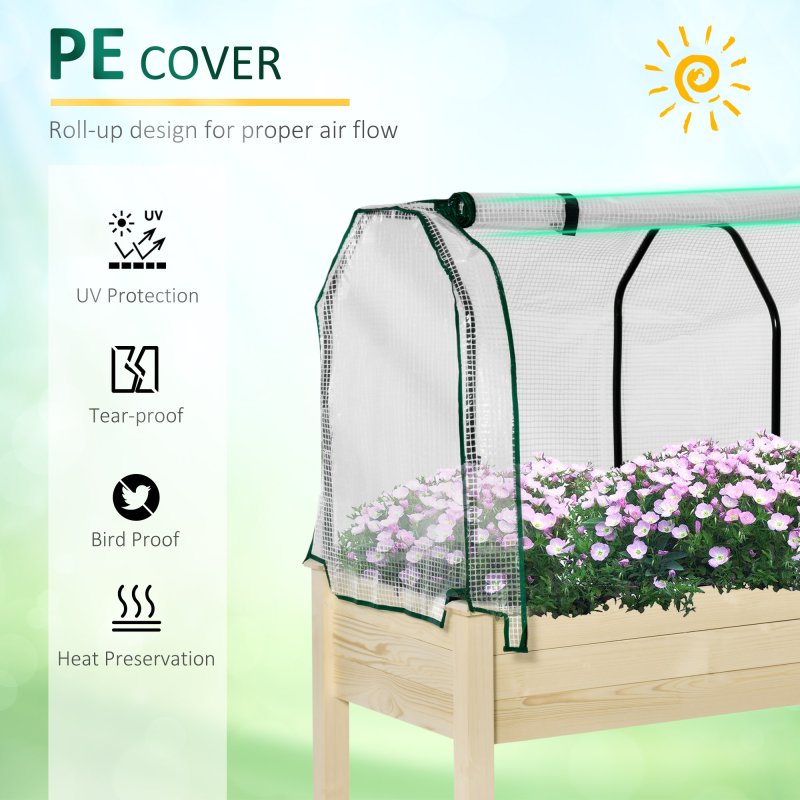 Outsunny Raised Garden Bed with PE Greenhouse Cover, Outdoor Elevated Wood Planter Box for Herbs and Vegetables, Use for Patio, Garden, Balcony, 121 x 55 x 117cm, Nature Wood Finish