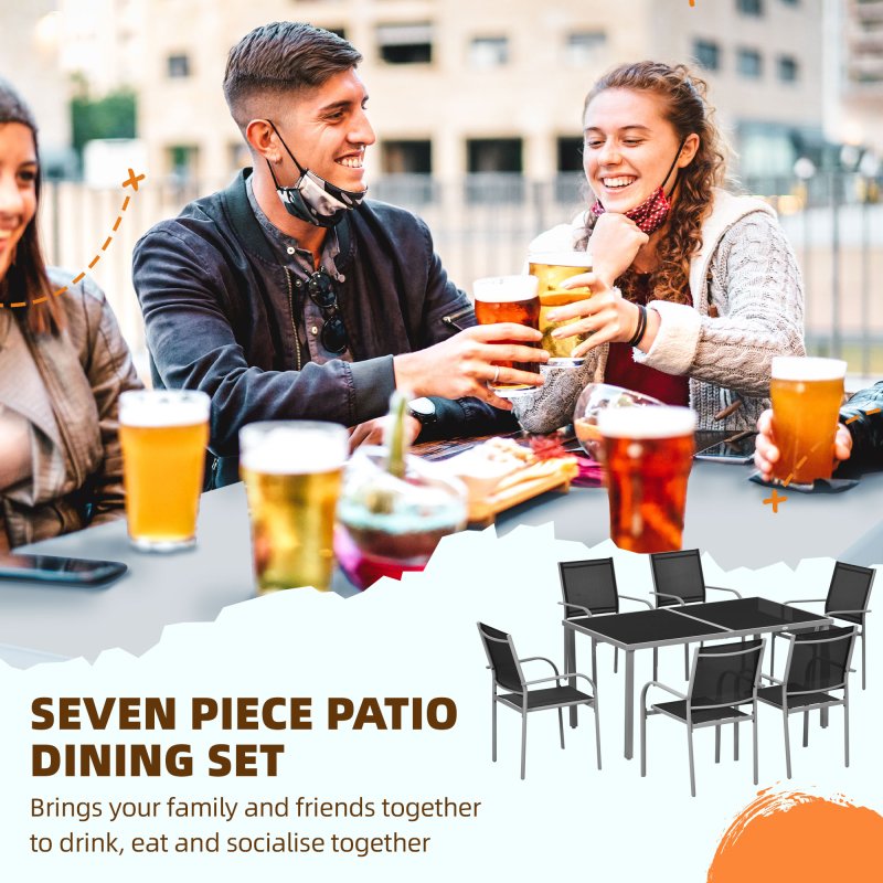 Outsunny 7 Piece Garden Dining Set, Outdoor Table and 6 Stackable Chairs, Steel Frame, Tempered Glass Top Table, Mesh Seats, Black