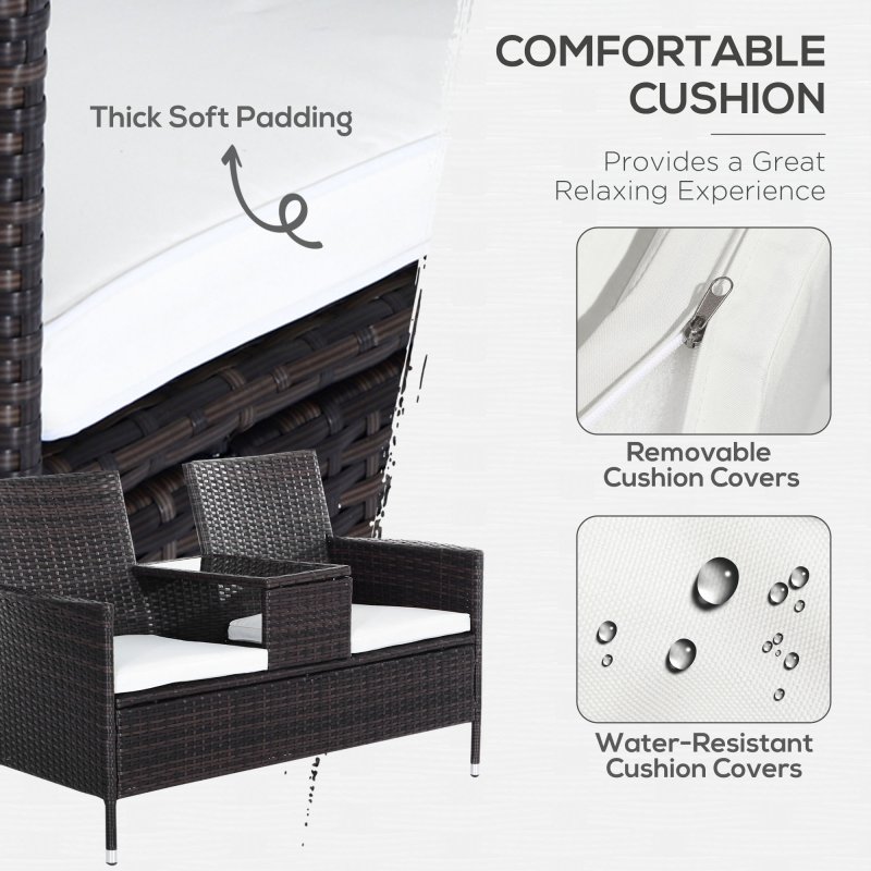 Outsunny 2 Seater Rattan Sofa with Cushions, Wicker Garden Loveseat with Armrests, Outdoor Garden Sofa Couch with Metal Frame for Patio, Brown