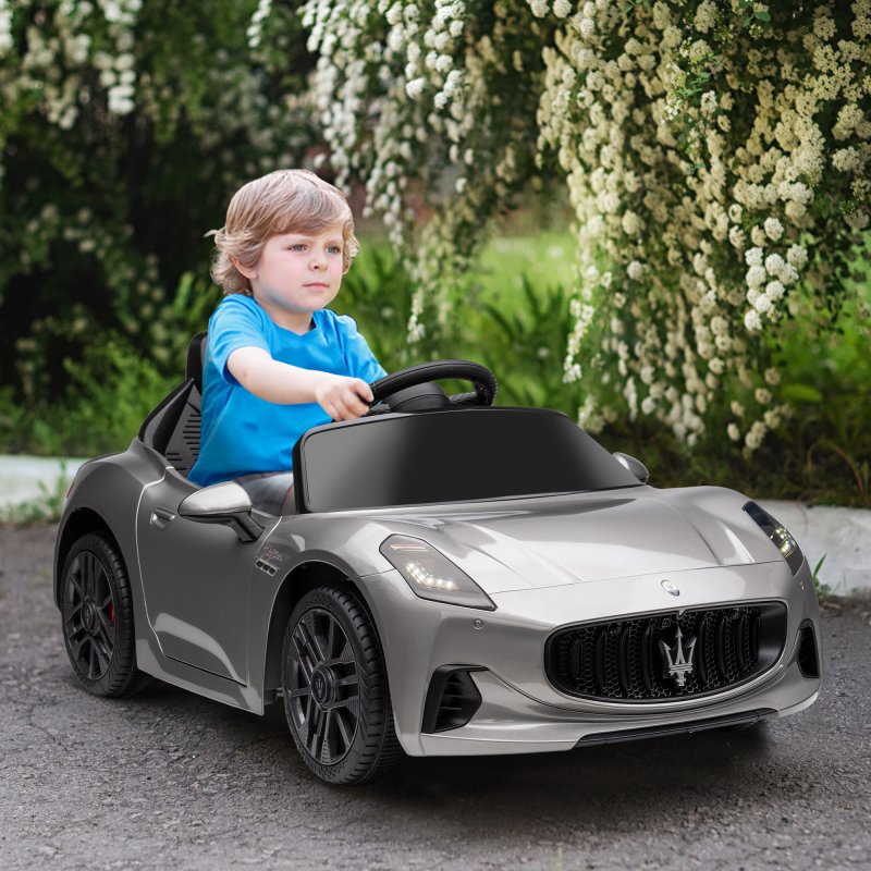 AIYAPLAY Maserati Licensed Electric Car for Kids, 12V Kids Electric Car with Remote Control, LED Light, MP3, Music, Soft Start, Horn, Ride on Car for 3-5 Years, Grey