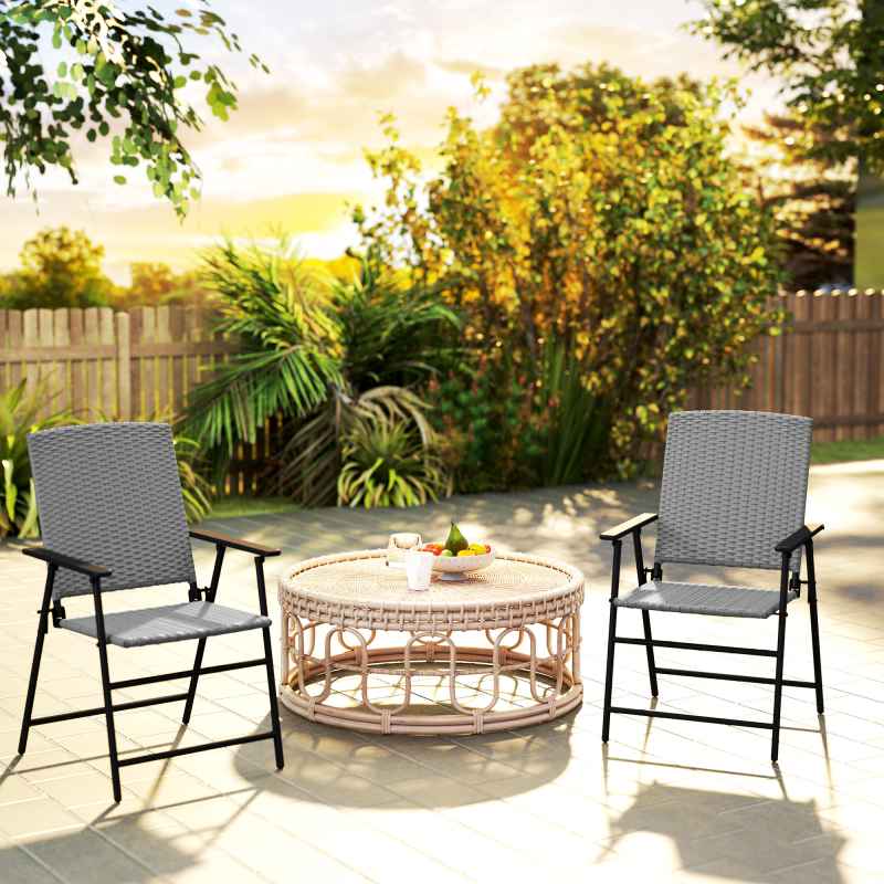 Outsunny Folding Garden Chairs Set of 2, PE Rattan Garden Dining Chairs with Armrests, High Back and Steel Frame, Weather Resistant Outdoor Dining Furniture for Patio, Balcony, Grey
