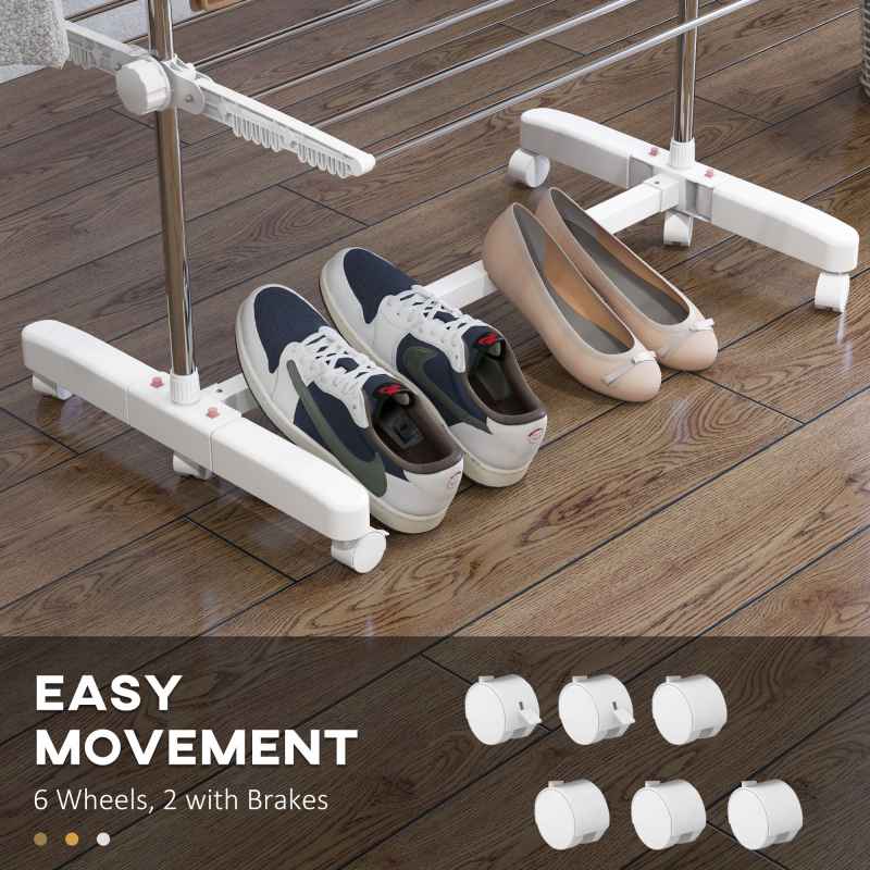 HOMCOM 4-Tier Clothes Airer, Stainless Steel Foldable Clothes Drying Rack with Wheels and Wings, Indoor and Outdoor, Easy Assembly, 142 x 55 x 172cm