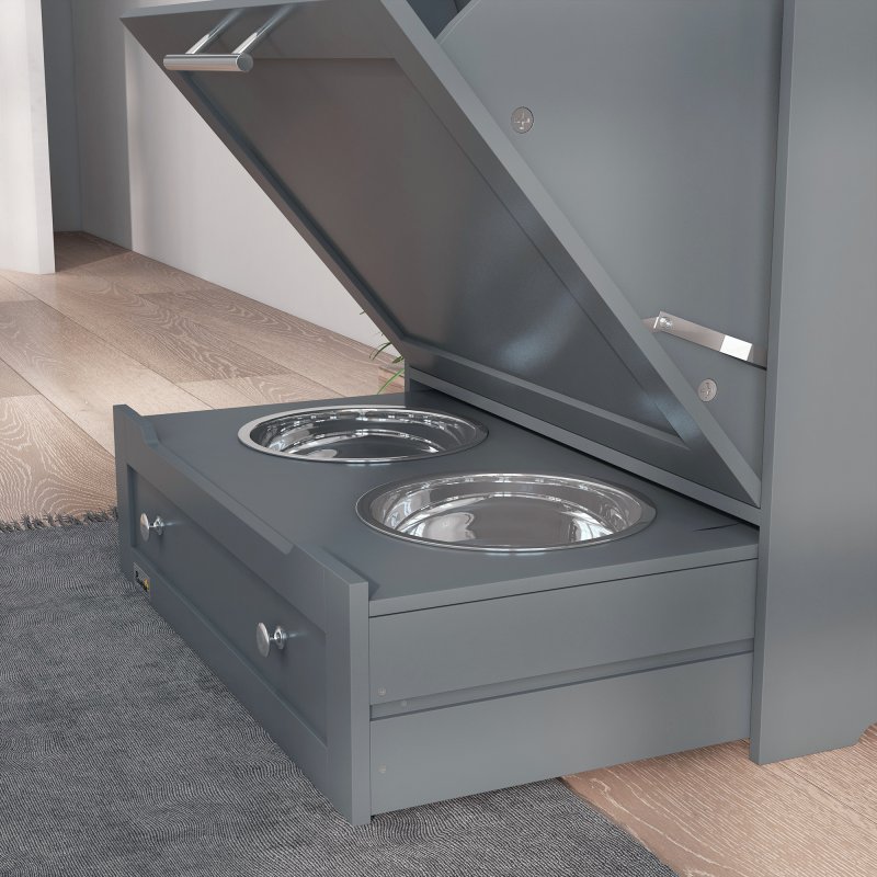 PawHut Pet Feeder Station, Dog Food Storage Container w/ Raised Dog Bowls, Hanger, for Food and Water - Grey