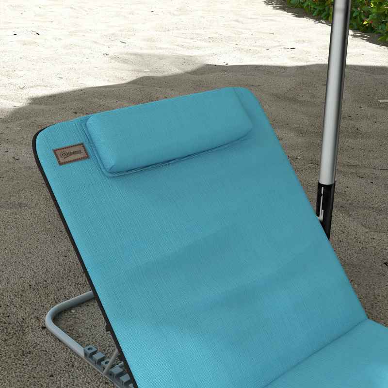 Outsunny Set of 2 Foldable Garden Beach Chair Mat Lightweight Outdoor Sun Lounger Seats Adjustable Back Metal Frame PE Fabric Head Pillow w/ Carry Bag, Light Blue