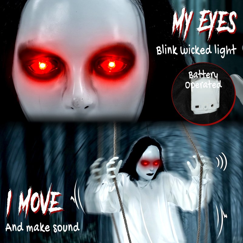 HOMCOM 170cm Animated Hanging Swing Ghost Halloween Decorations Outdoor Indoor, Sound Touch Activated Ghost Halloween Animatronic with Glowing Red Eyes for Haunted House Party Decorations