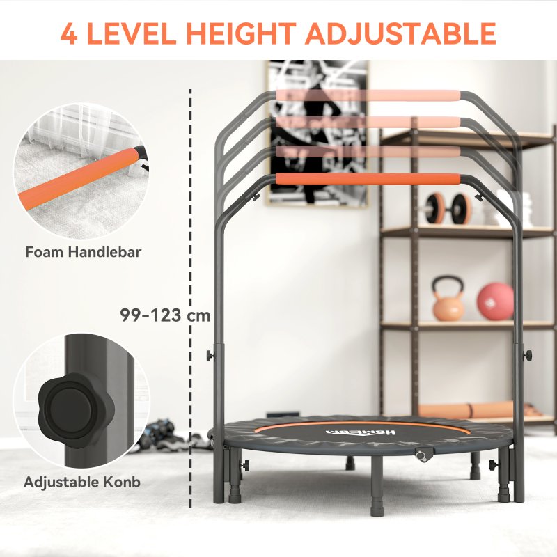 HOMCOM 48" Foldable Mini Trampoline Fitness Trampoline Rebounder for Adults with Adjustable Foam Handle, for Indoors, Outdoors, Cardio Training, Orange