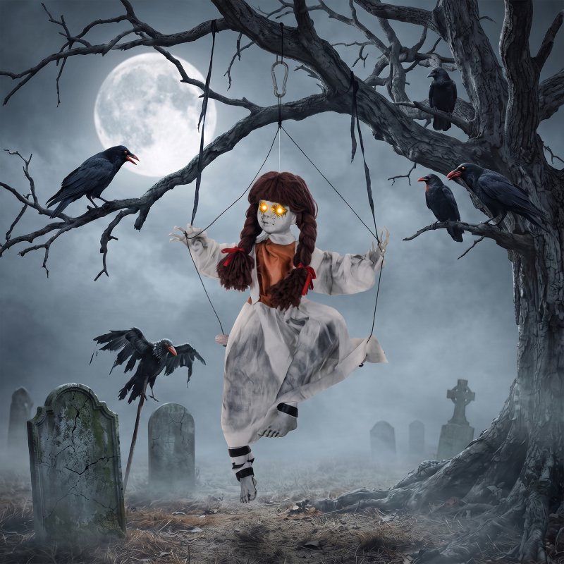 HOMCOM 32"/80cm Halloween Animated Hanging Creepy Girl on Swing Decoration, Light-Up Eyes, Sound and Touch Activated, Kicking Legs, with Rope for Haunted House Party