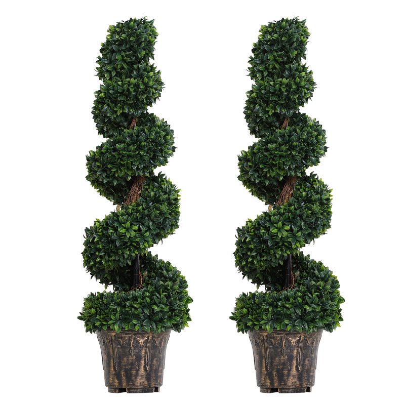 Outsunny Set of 2 Artificial Boxwood Spiral Topiary Trees Potted Decorative Plant Indoor D??cor 120cm