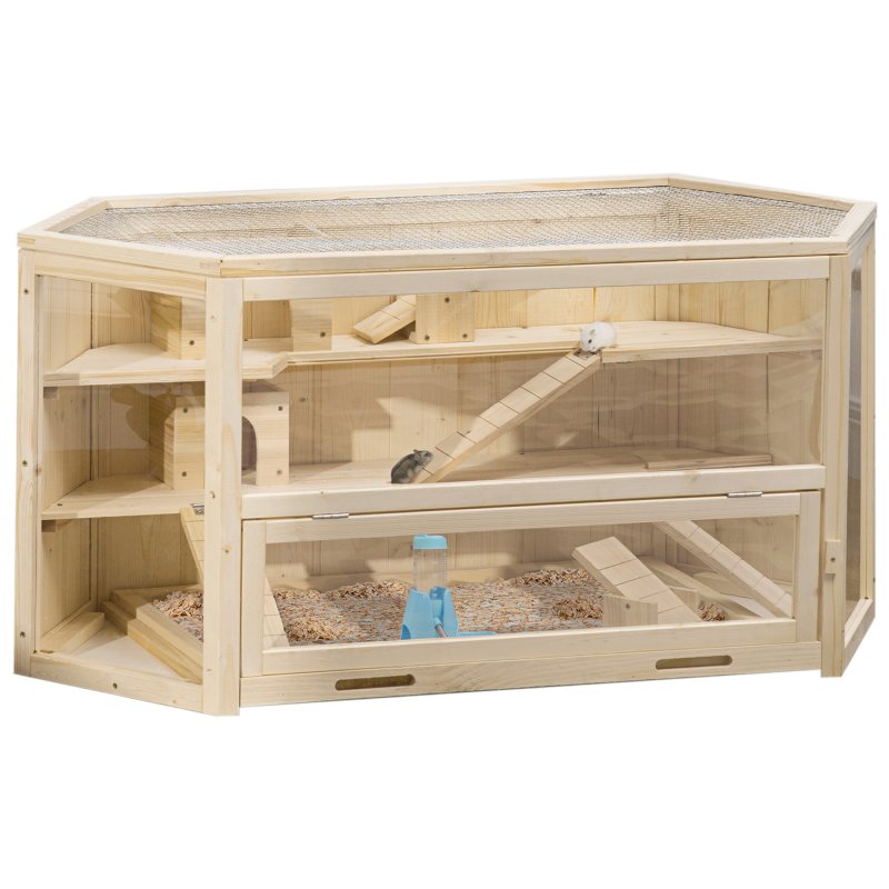 PawHut Wooden Large Hamster Cage Small Animal Exercise Play House 3 Tier with Sliding Tray, Seesaws, Water Bottle, Natural