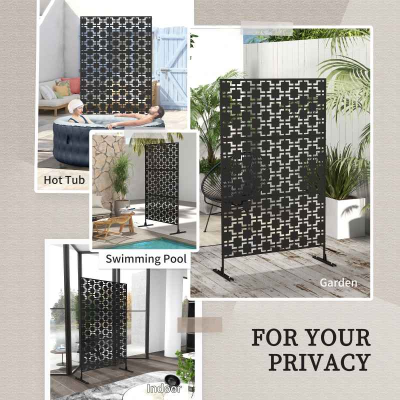 Outsunny Decorative Garden Privacy Screen with Stand, 6.5FT Freestanding Metal Outdoor Divider, Decorative Privacy Panel with Expansion Screws for Garden Pool Hot Tub, Grid Style, Black