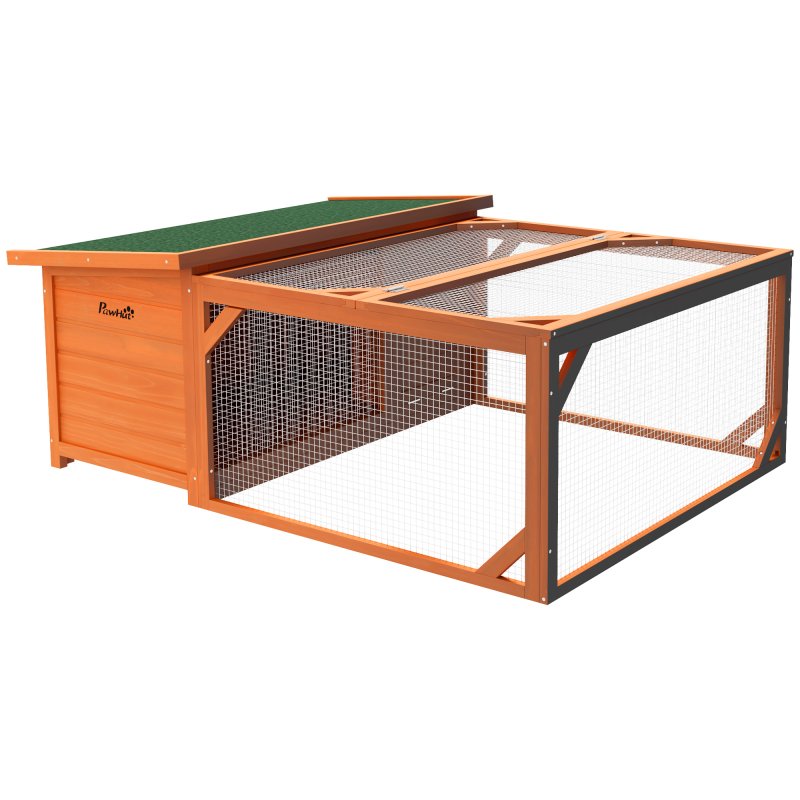 PawHut Rabbit Hutch Outdoor Guinea Pig Hutch with Run Small Animal Off-ground Duck House Hideaway Backyard with Openable Roof 125.5 x 100 x 49cm Orange