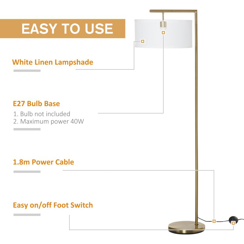 HOMCOM Floor Lamp, Modern Standing Light with Linen Lampshade, Round Base for Living Room, Bedroom, Dining Room, 153cm, Gold and White