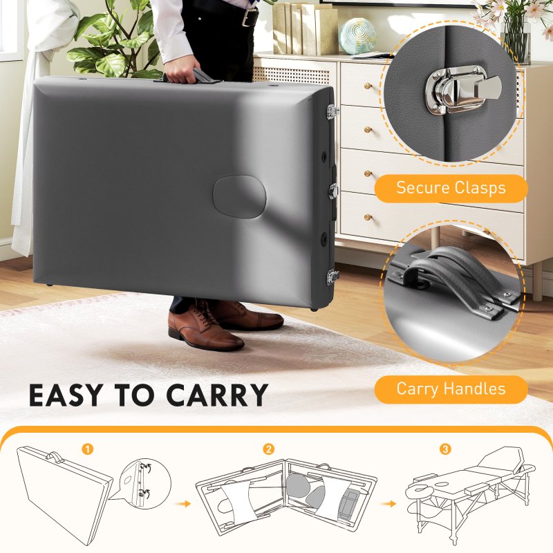 HOMCOM Portable Massage Table, 3 Section Adjustable Beauty Bed, Wooden Foldable Massage Bed with Face Cradle, Padded Armrests for Spa, Lash, Tattoo, Grey