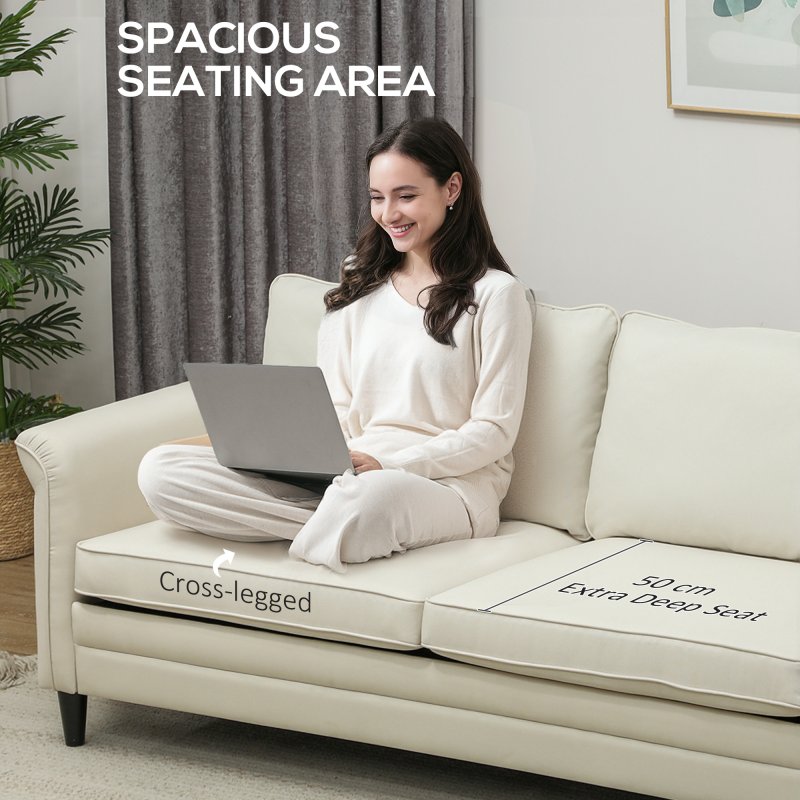 HOMCOM 3 Seater Sofa, Modern Fabric Sofa Couch with Spring Cushion, Rubber Wood Legs, 191cm Upholstered Settee for Living Room, Bedroom, Home Office, Guest Room, Cream White