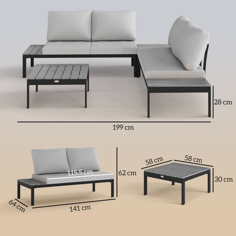 Outsunny 4 Piece L Shaped Garden Furniture Set, 4 Seater Garden Corner Sofa Set, 2 Loveseats with Removable Backs, 2 Wood-Plastic Coffee Tables and Thick Cushions for Outdoor, Grey