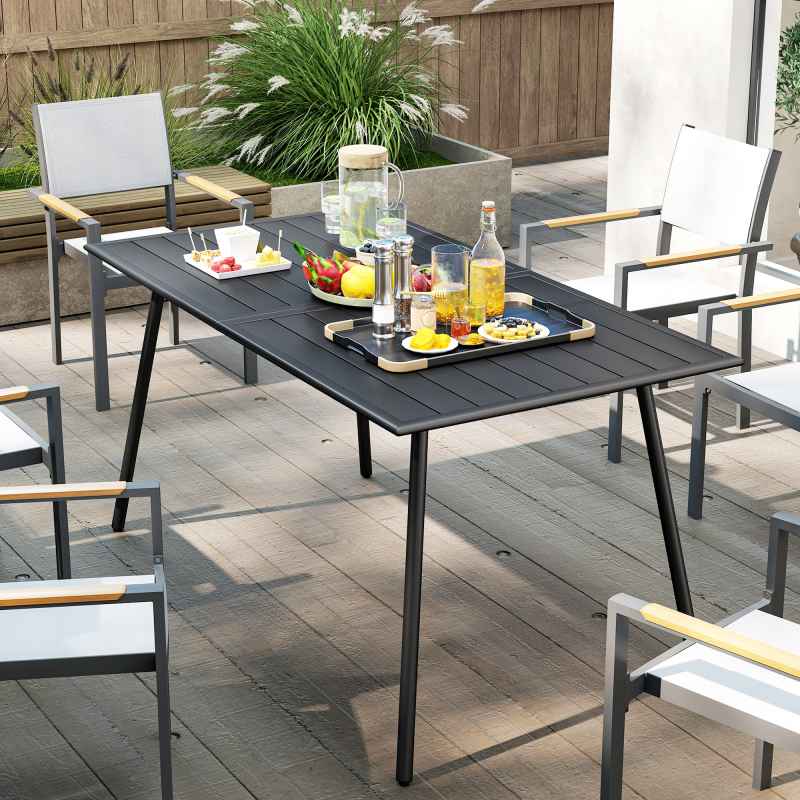 Outsunny Garden Dining Table for 6 Person, Rectangle Outdoor Table with Easy Clean Slat Top, Rust Resistant Steel Frame, for Terrace, Balcony, 150 x 80 x 74 cm, Black