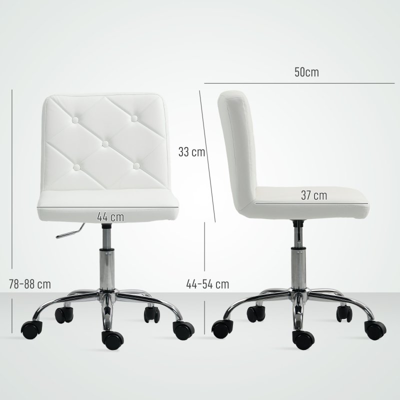 HOMCOM PU Leather Armless Office Chair, Modern Vanity Computer Swivel Chair with Rolling Wheels and Adjustable Height for Home Study, Bedroom, White