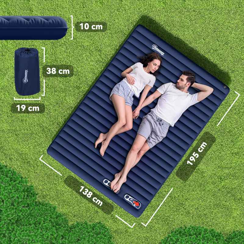 Outsunny 2 Person Camping Inflating Sleeping Mat Inflatable Mattress Ultralight Folding Bed Portable Air Bed for Outdoor Backpacking Hiking Travel - Navy Blue