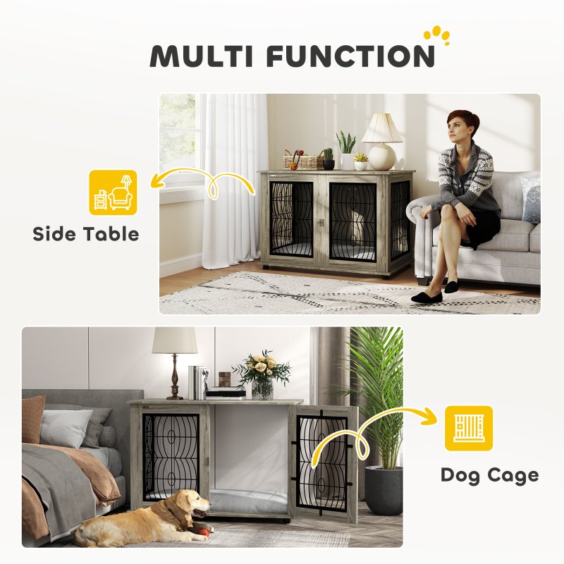 PawHut Dog Crate Furniture, Dog Cage with Soft Washable Cushion, Furniture-Style Pet Kennel Indoor House End Side Table for Small Medium Large XL Breeds, 118 x 75 x 82 cm, Grey
