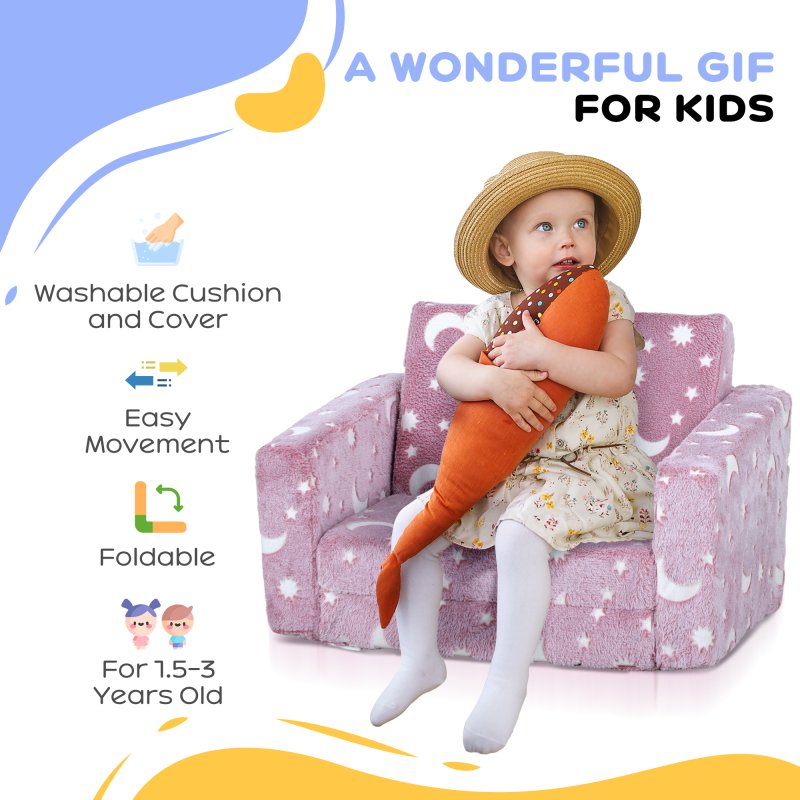 AIYAPLAY Kids Sofa Bed, 2 in 1 Kids Folding Bed Toddler Armchair with Glow in The Dark Stars Design, Washable Cushion and Cover, Convertible Kid Chair to Lounger for 1.5-3 Years Old, 1 Seater, Pink