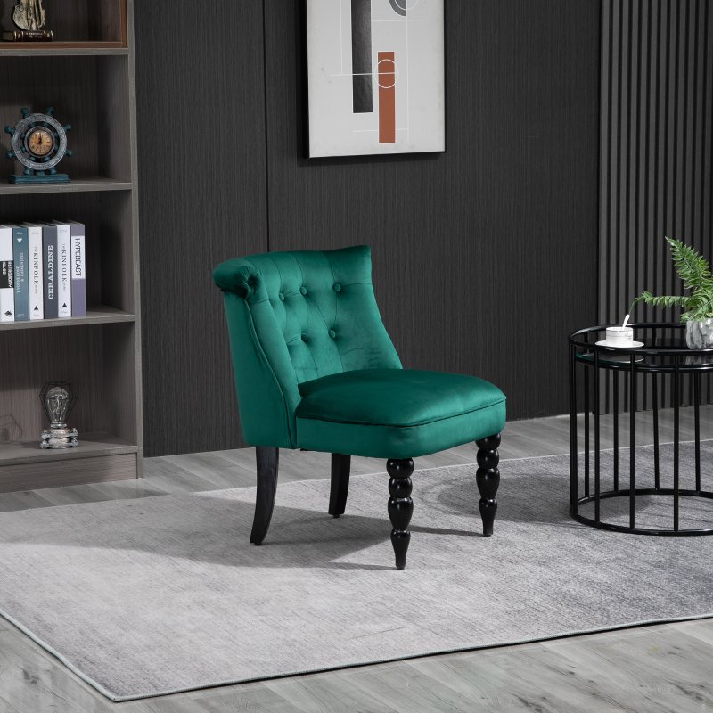 HOMCOM Velvet Accent Chair, Button Tufted Wingback Chair with Rubber Wood Legs for Living Room, Bedroom, Dark Green