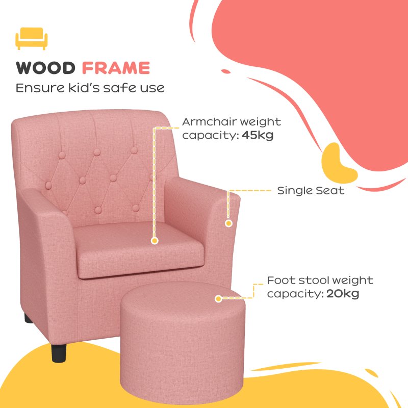 AIYAPLAY Kids Sofa Set, Toddler Chair with Footrest, Single Seater Kids Armchair for Playroom Bedroom, Pink
