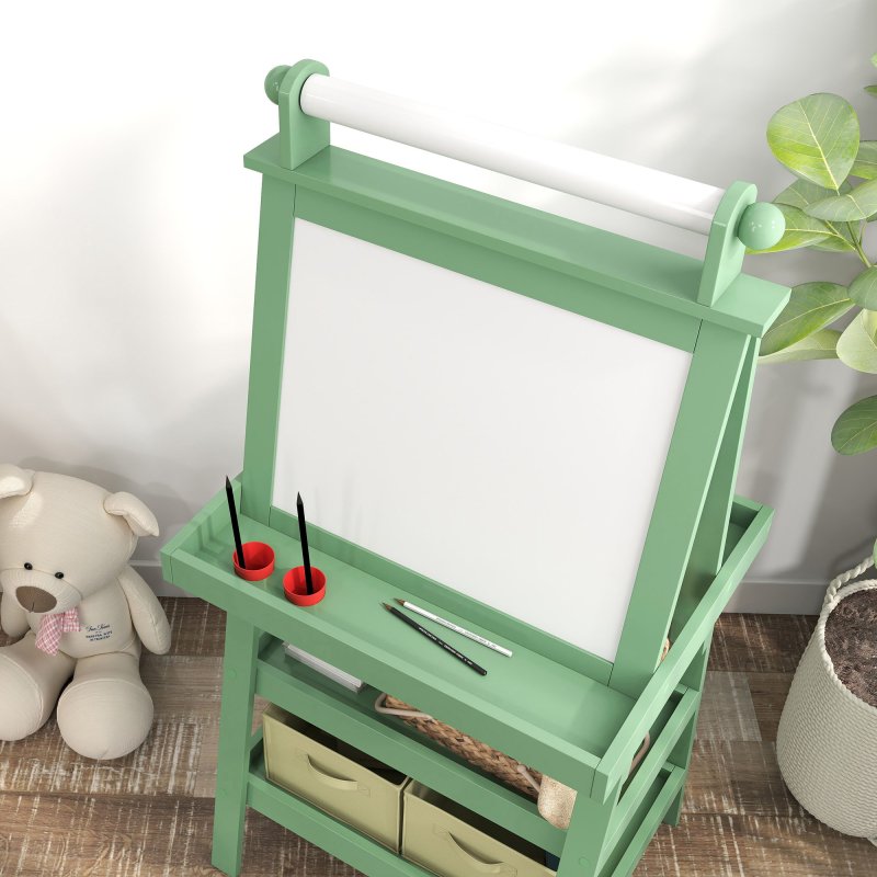 AIYAPLAY Art Easel for Kids with Paper Roll, 3 in 1 Kids Easel Double-Sided Magnetic Whiteboard and Chalkboard with Storage Baskets, for Children 3-6 Years - Green