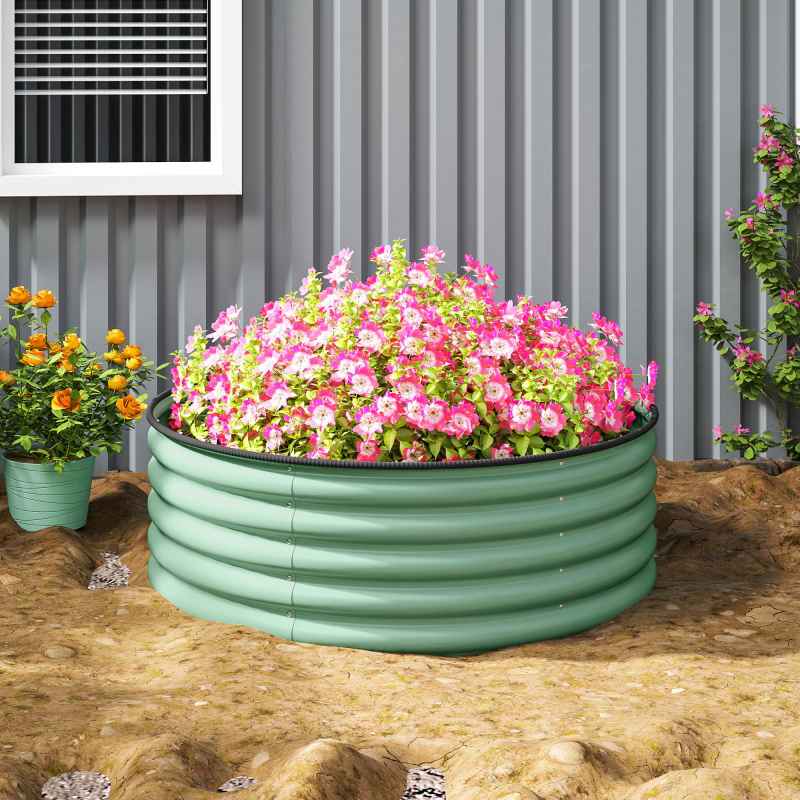 Outsunny Galvanised Raised Garden Bed with Safety Edging, Outdoor Raised Planter Box with Gloves and Open Bottom, Metal Raised Bed for Flowers, Vegetables and Herbs, 120 x 120 x 43cm, Light Green