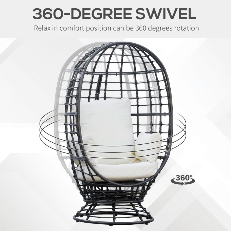 Outsunny 360?? Swivel Egg Chair, Garden Rattan Swivel Chair with Thickened Cushion and Pillow, 150 KG Capacity for Indoor Outdoor, Balcony, Patio, Black