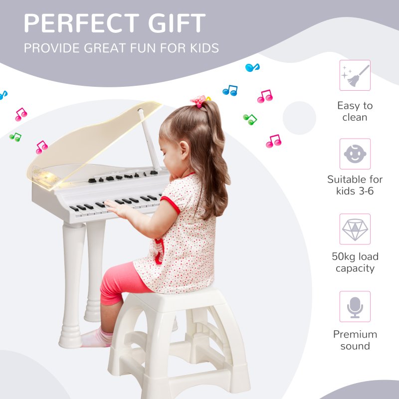 AIYAPLAY 32 Keys Kids Piano Keyboard with Stool, Lights, Microphone, Multiple Sounds, Removable Legs, Electronic Musical Instrument for Boys Girls, White