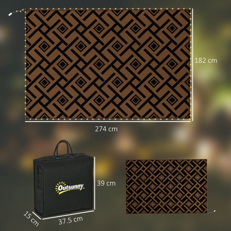 Outsunny Reversible Outdoor Rug with LED String Lights, Waterproof Plastic Straw Mat with Carry Bag for Garden, Deck, RV, Picnic, Beach, Camping, 182 x 274cm, Brown and Black