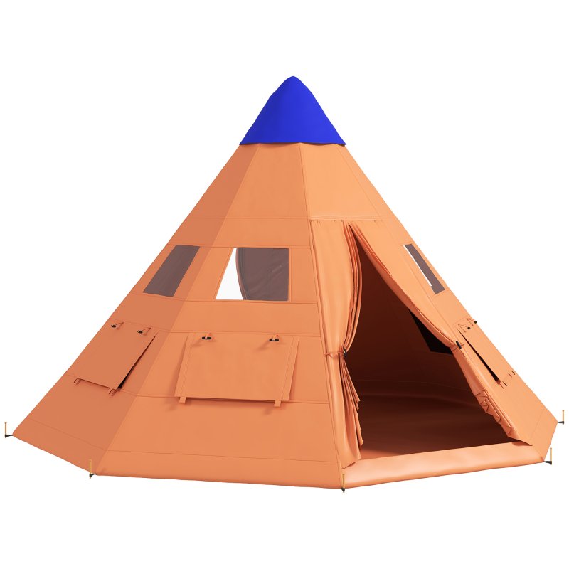 Outsunny 6 Men Tipi Tent, Camping Tent with Mesh Windows, Sewn-in Floor, Two Doors and Carry Bag, Easy Set Up, for Hiking Picnics Outdoor Night, Orange