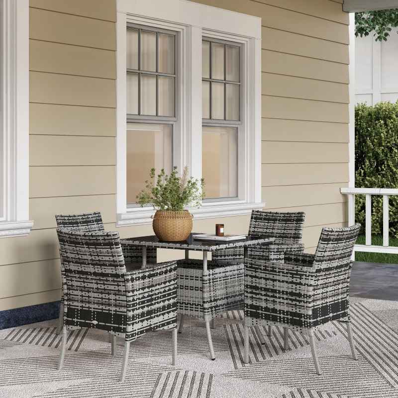 Outsunny 4 Seater Rattan Dining Set with Cushions, 5 Pieces Garden Dining Set with Glass Tabletop, PE Rattan Garden Furniture Set with Dining Table and Armchairs for Patio, Balcony, Mixed Grey