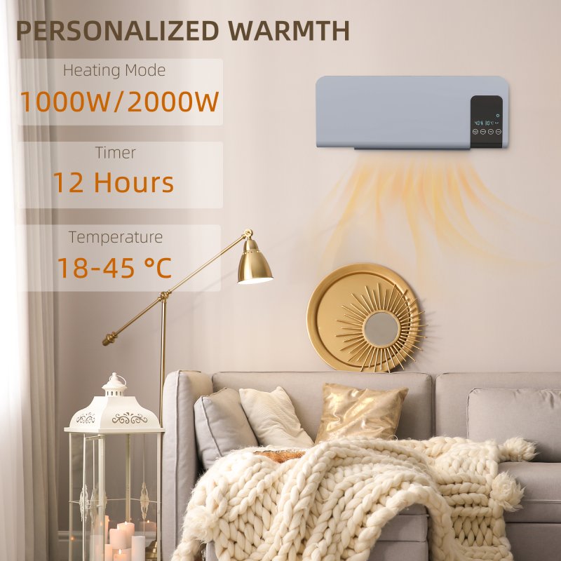 HOMCOM Electric Heater, 2000W Wall Mounted Ceramic Space Heater with Remote Control, 2 Modes, Timer, Oscillation, Overheat Protection for Home, Grey
