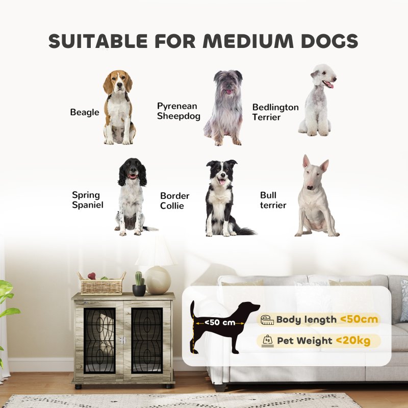 PawHut Dog Crate Furniture, Dog Cage with Soft Washable Cushion, Furniture-Style Pet Kennel Indoor House End Side Table for Small Medium Breeds, 80 x 56 x 63 cm, Grey