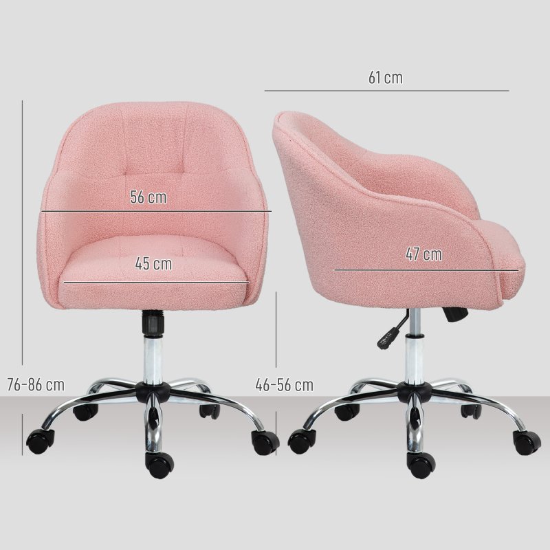 HOMCOM Office Chair, Teddy Fleece Swivel Computer Desk Chair, Makeup Vanity Seat with Adjustable Height for Home Study Bedroom, Pink