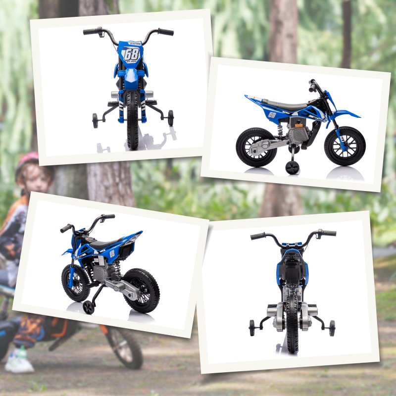 AIYAPLAY 12V Kids Electric Motorbike, Kids Electric Ride on Motorcycle, Battery Powered Toy with Twist Grip Throttle, Training Wheels, Suspension System, Music, Blue