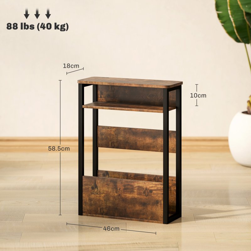 HOMCOM Side Table, Narrow Bedside Table with 2 Storage Shelves, Industrial Sofa End Table with Metal Frame for Living Room, Bedroom, Rustic Brown
