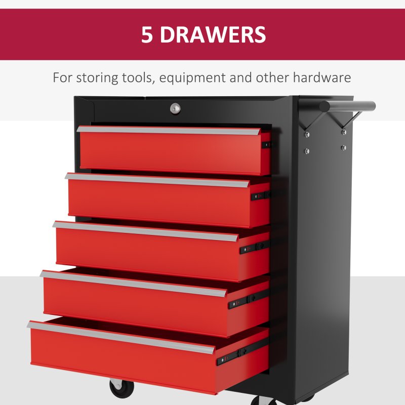 HOMCOM Steel 5-Drawer Tool Storage Cabinet Lockable with Wheels Handle 2 Keys Garage Equipment Trolley Home Work DIY Workshop Chest Red
